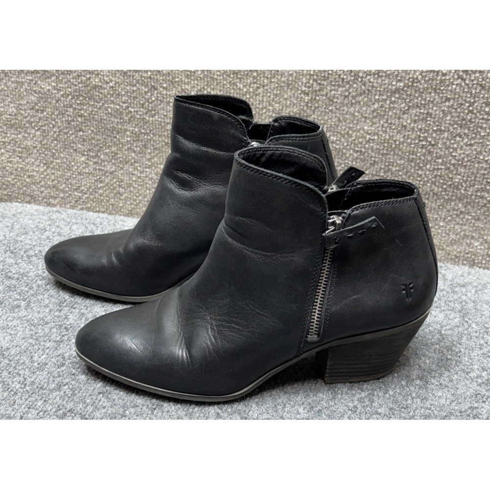 Frye Judith Black Leather Double-Zip‎ Ankle Boots Size 10M Stacked Heel Booties